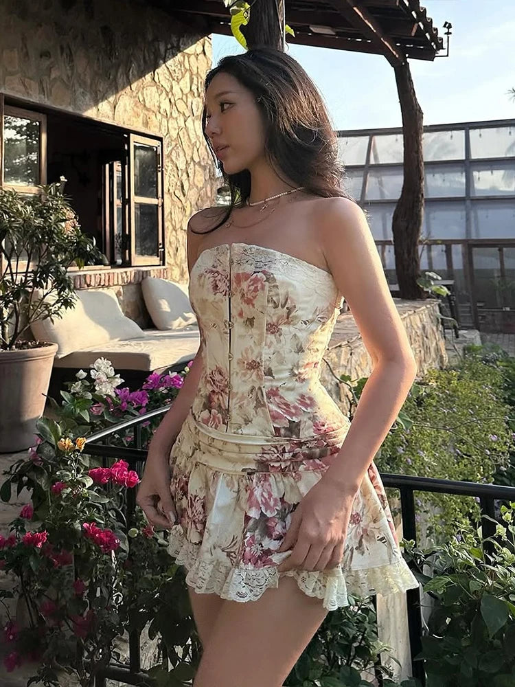 Aiertu  -  Sweet 2Piece Set Women Flower Print Single-Breasted Metal Buckle Wrap Mini Top+Patchwork Lace Folds Skirt Matching Suits Aiertu