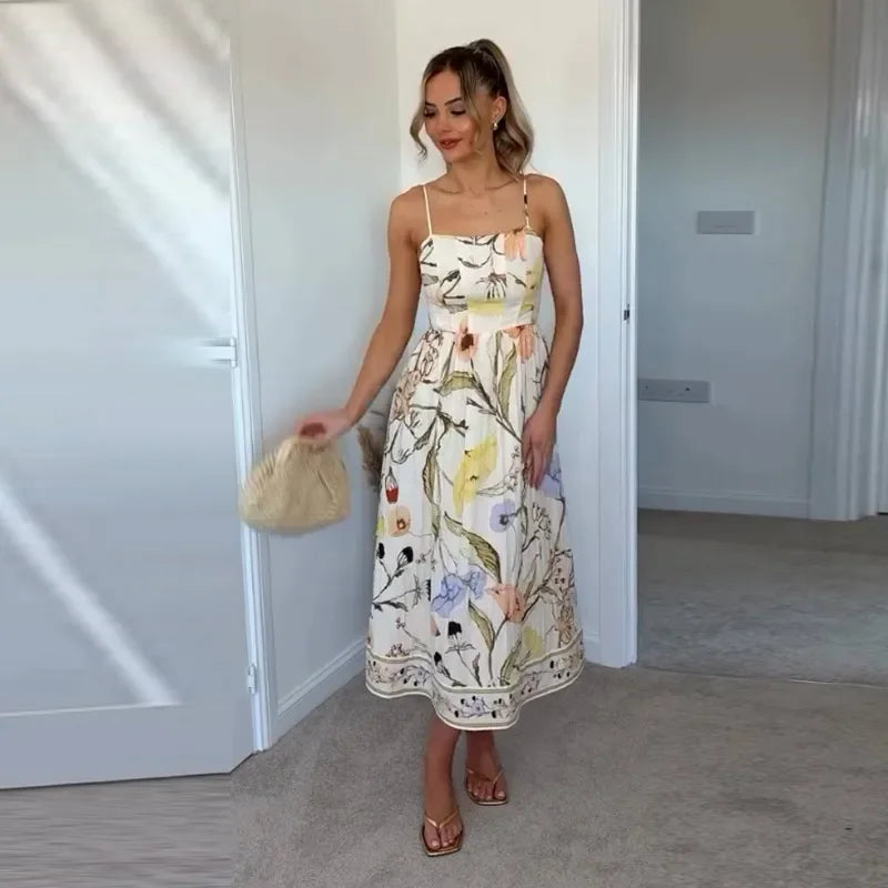 Aiertu  -  Elegant Printed Camisole Women's Long Dress V-neck A-line Slim Robe 2026 Summer Beach Vacation Style Female's Long Dresses Aiertu