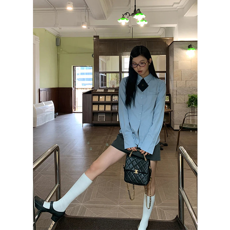 Aiertu Harajuku with Tie Shirts Women Japanese Preppy Blue Long Sleeve Blouses Spring Summer Korean Fashion Basic Slim Chic Tops Aiertu