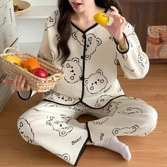 Aiertu  -  Autumn And Winter Air Sandwich Cotton Pajamas Women Cardigan Long Sleeve Trousers New Cartoon Sketch Rabbit Cute Homewear Sets Aiertu