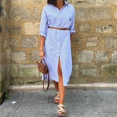 Aiertu  -  Women Fashion Single-breasted Shirt Dress Office Elegant Lapel Striped Printed Party Dress Casual Long Sleeve Loose Midi Dresses Aiertu