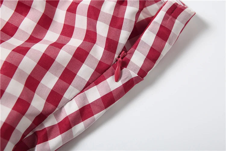 Aiertu  -  Print Red White Checkered Chest Wrap Pleated Fluffy Hem Sleeveless Backless Vacation Versatile Beach Party Trend Tops Aiertu