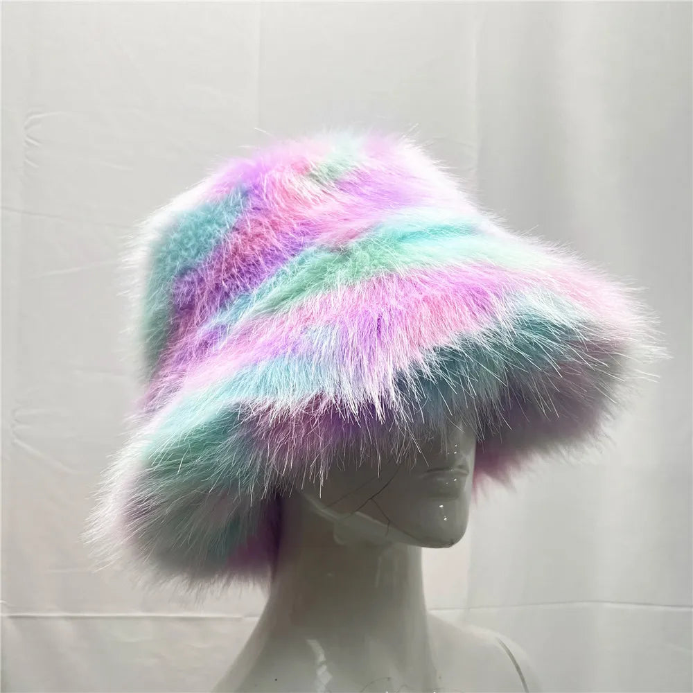 Aiertu  -  Winter Hat New Candy Color Faux Fur Y2k Warm Plush Basin Hat Unisex Bucket Hat Bob Homme Aiertu