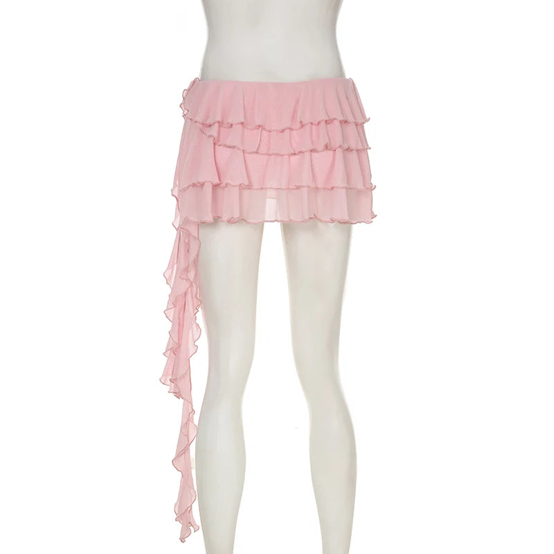Aiertu  -  Vacation Tiered Layer Ruffles Mesh Mini Skirt Fairycore Irregular Ribbon Skirt Beach Young Hot Girl's Pink Skirt Summer Aiertu