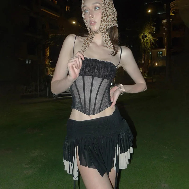 Aiertu  -  Summer 2 Piece Set for Woman Sexy Outfits Black Mesh Sheer Corset Top and Drawstring Pleated Mini Skirt Sets P94-EH32 Aiertu