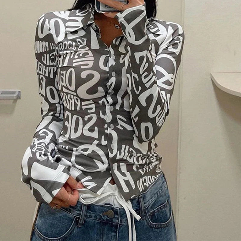 Aiertu  -  Letter Print Long Sleeve T Shirts Blue Sexy Women V Neck Black Autumn Summer Casual Crop Tops Fashion Aiertu