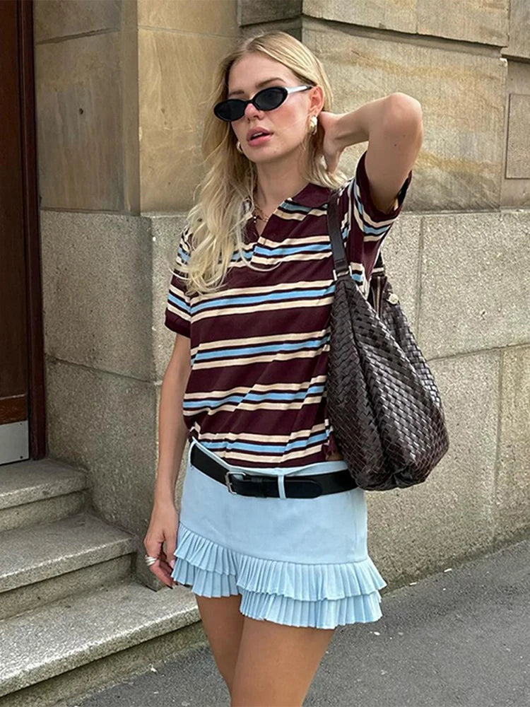 Aiertu  -  Fashion Striped Women's T-Shirt Casual Long Sleeve Basics Tees Polo Shirts 2025 Spring Summer New Ladies Loose Tops High Street Aiertu