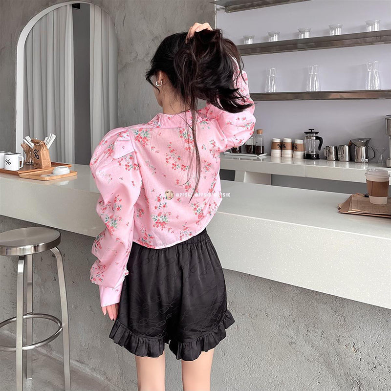Aiertu Y2K Printing Shirt Korean Sweet Puff Sleeve Crop Tops Fashion Turn Down Collar Long Sleeve All Match Harajuku Blouses New Aiertu
