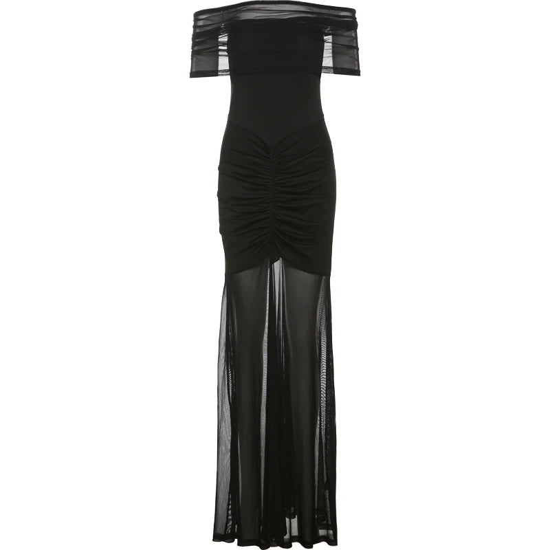 Aiertu  -  Summer Trend Maxi Dress Women Double Deck Ruched Slash Neck Short Sleeve Midnight Simple Solid Stretch Slim Vestidos Aiertu