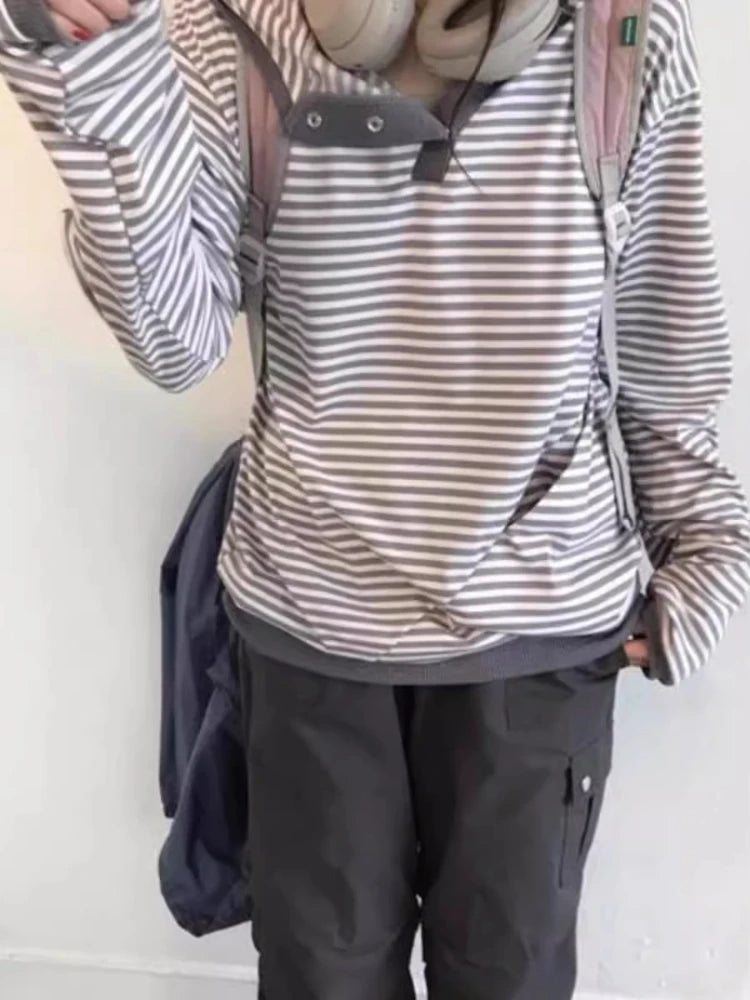 Aiertu  -  Korean Y2k Aesthetics Vintage Stripe Single Breasted Tshirts Women Harajuku Hooded T-shirt Streetwear Grunge Casual Loose Tees Aiertu