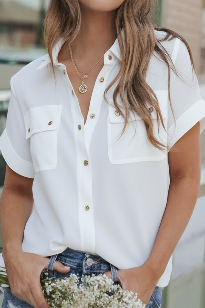 Aiertu  -Daily Solid Color Pocket Buttons Turndown Collar Tops aiertu