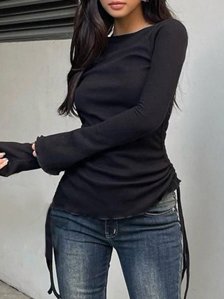 Aiertu - summer inspo Black Solid Ribbed O Neck Slim Long Sleeve Basic Long Sleeve T Shirt Women Side Shirring Lace-Up Chic Fashion Elegant Simple Tee Aiertu
