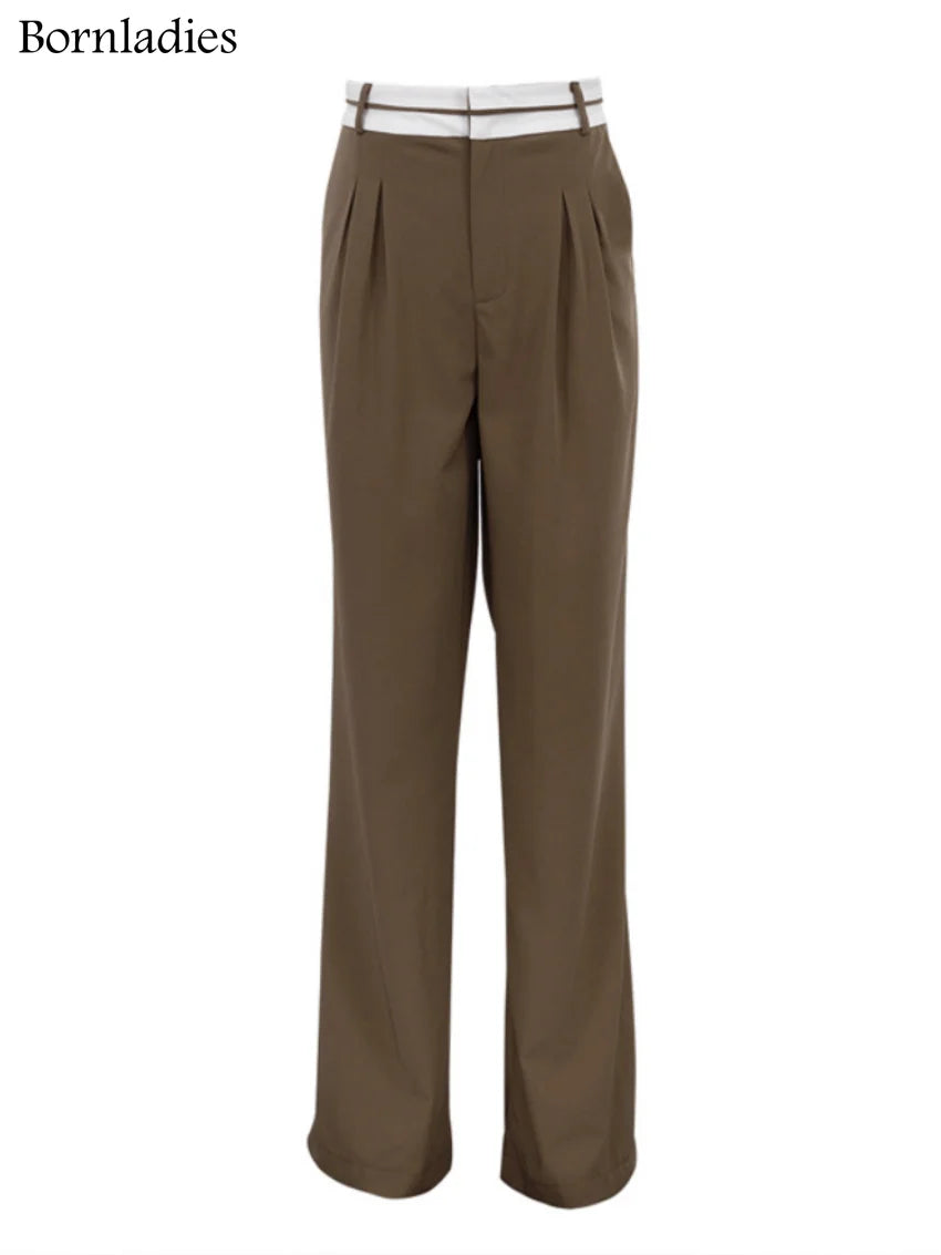 Aiertu  -  Elegant Loose Gray Office Ladies Pants Fashion High Waist Straight OL Trousers Chic Spliced Full Length Women Pants Aiertu