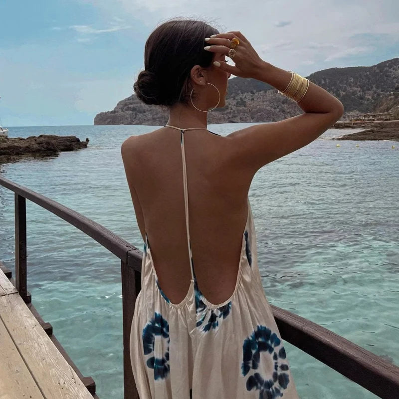 Aiertu  -  Summer New V-neck Print Sexy Backless Casual Comfortable Holiday Style Dress Long Dress Aiertu