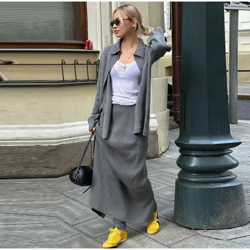 Aiertu  -  Casual Knit Cardigans Skirts Set Women Loose Lapel Single Breasted Coats High Waist Skirt 2026 Autumn New Lady Fashion Outfits Aiertu
