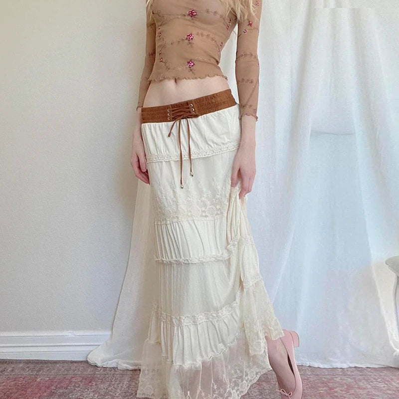 Aiertu  -  Summer Elegant Lace Skirt Vintage Contrast Bandage Low Rise Straight Loose Long Skirts for Holiday Women Casual Clothing Aiertu