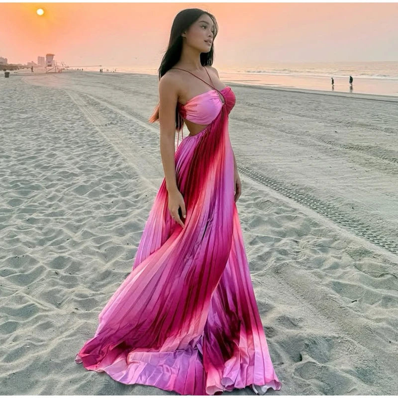Aiertu  -  Rainbow Halter Pleated Suspender Large Swing Women Dress Summer Beach Backless Slim Dresses 2025 Summer Vacation Chic Lady Robe Aiertu