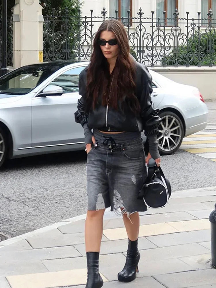 Aiertu  -  Fashion Black Zipper Pocket Lapel Bomber Jacket Casual Long Sleeved Pu Leather Jackets 2026 Autumn High Street Outerwear Aiertu