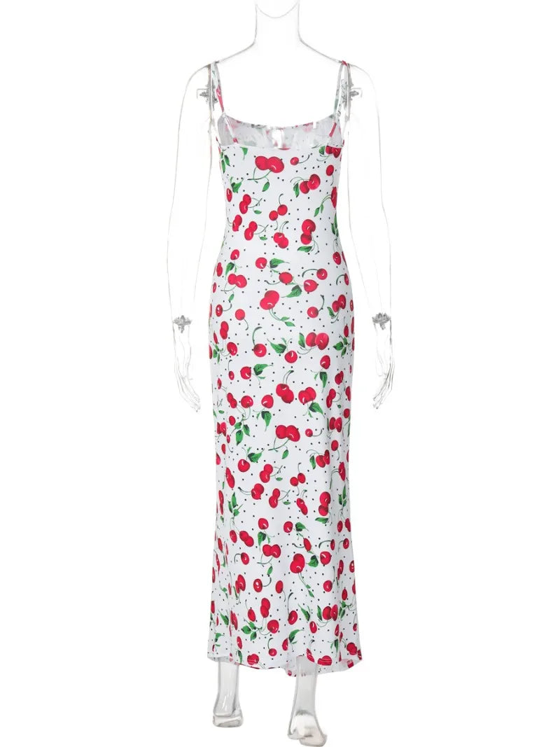 Aiertu  -  Woman Clothing Cherry Pattern Printed White Slip Dress 2026 Girls Sleeveless Lace-up High Waist Slim Long Holiday Party Dresses Aiertu