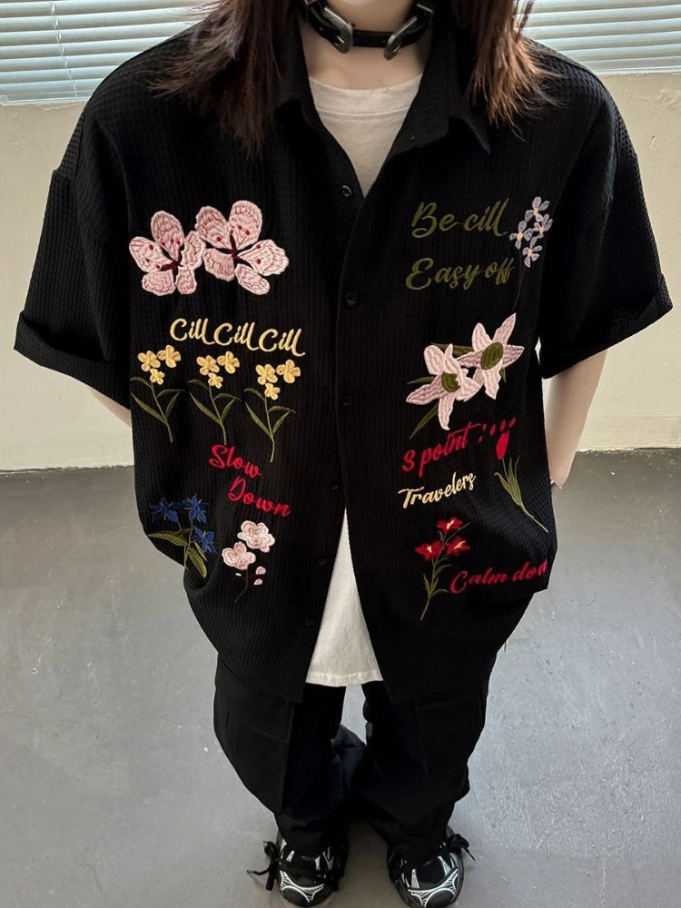Aiertu  -  Harajuku Embroidery Floral Blouse Female Short Sleeve Oversize Summer Shirts for Women American Retro Button Up Cardigan Aiertu
