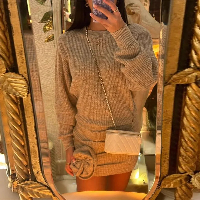 Aiertu  -  Knit Solid Women Sweater Set Straight High Waist Lady Skirts Sets 2025 Fashion Elegant Ribbed Full Sleeve 3D Flower Female Suit Aiertu