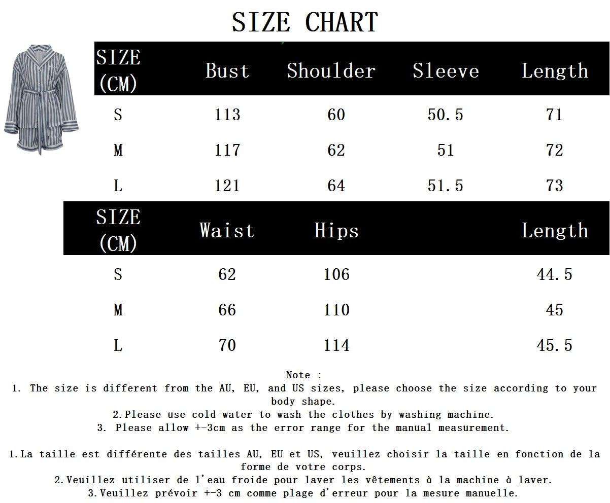 Aiertu  -  Blue Striped Shorts 2 Piece Set Women Single Breasted Lace-up Long Sleeve Blouse+Short Pants Casual Fashion Loose Suits 2025 New Aiertu