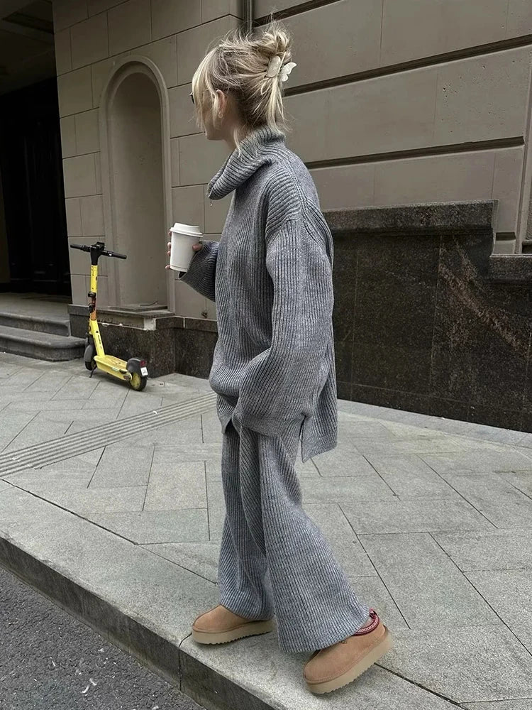 Aiertu  -  Grey Autumn Winter Knitted Sweater Pants Set 2 Pcs Outfits Thick Casual Wide Leg Pants Zip Pullover Female Loose Set Aiertu