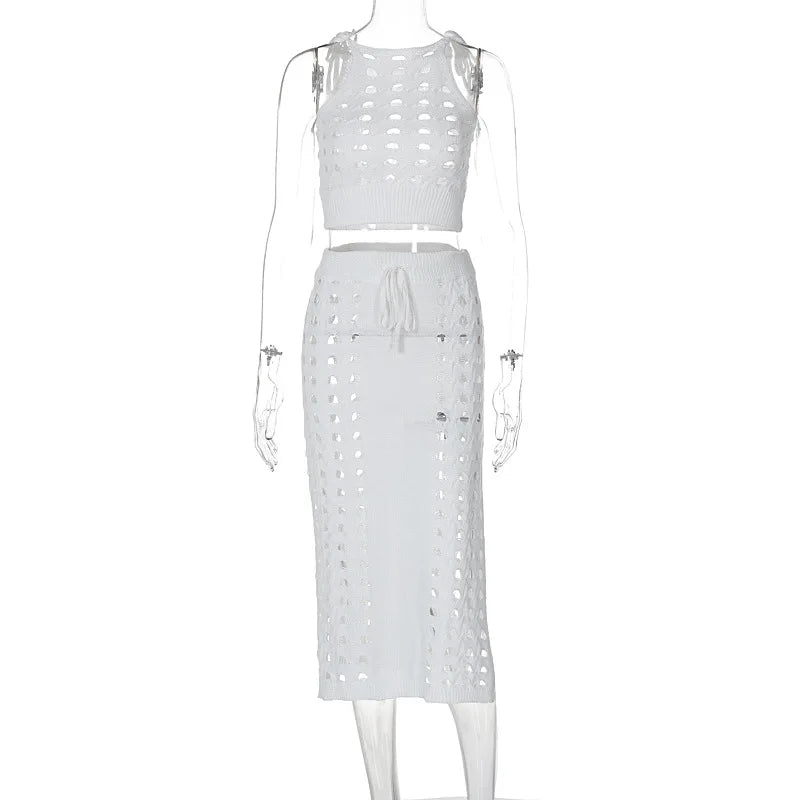 Aiertu  -  Slim Hollow Out Skirt Suit Knitted For Women Sleeveless Strapless Top Summer New High Waisted Lace Up Split Long Skirt Aiertu