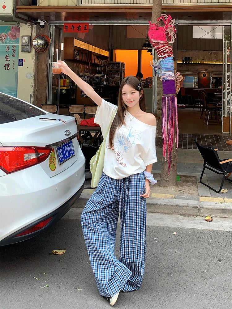Aiertu  -  Casual Plaid Wide Leg Long Pants Summer Women Elastic High Waist Loose Trousers Female Woman Clothes 2025 Aiertu