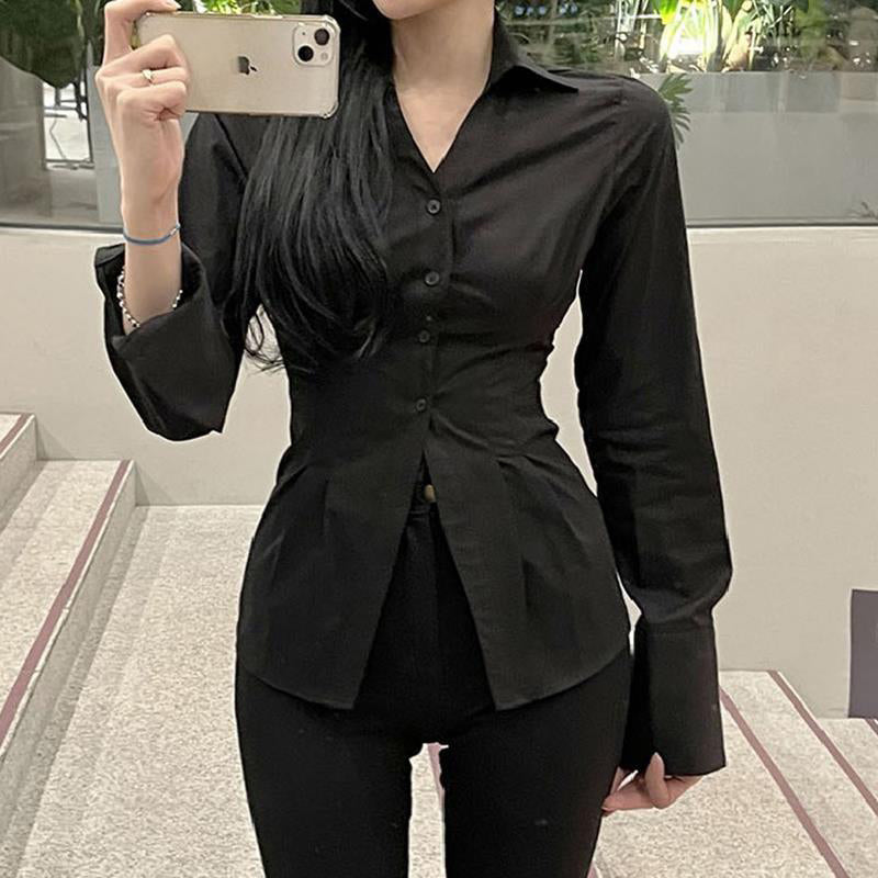 Aiertu Y2K Women Slim Blouses Office Lady Fashion Long Sleeve Folds Chic Shirt Vintage Streetwear Korean Sexy Skinny Casual Tops Aiertu