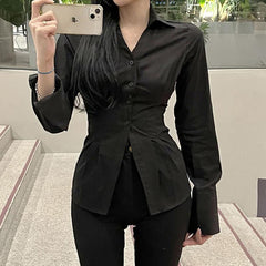 Aiertu Y2K Women Slim Blouses Office Lady Fashion Long Sleeve Folds Chic Shirt Vintage Streetwear Korean Sexy Skinny Casual Tops Aiertu