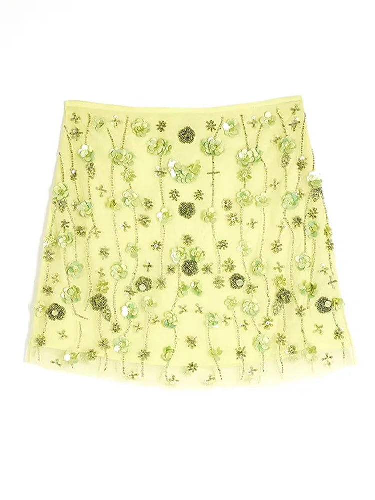 Aiertu  -  Squins Flower Bead Mini Skirt Women Straight Wide Leg High Waist Fashion Skirts A-line Lined Green Party 2025 Summer Lady Robe Aiertu