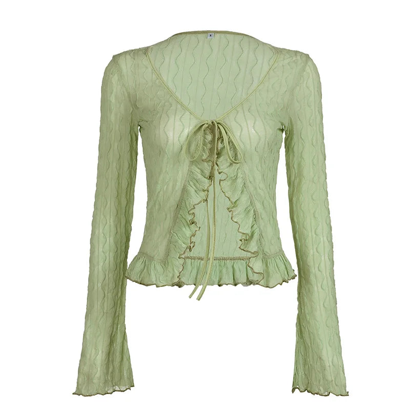 Aiertu  -  Women Y2k Aesthetic See Through Ruffled Shirt Grunge Slim Bandage Harajuku Blouse Sexy Streetwear Flare Sleeve Blusas De Mujer Aiertu
