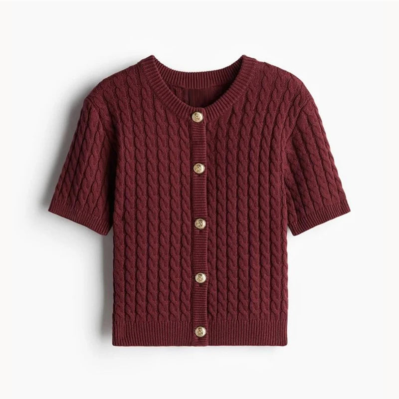 Aiertu  -  Round Neck Slim Fit Knitted Sweater Cardigan Short Sleeved Knitwear Slimming Thread Twist Comfort Top Women Fashion Autumn New Aiertu