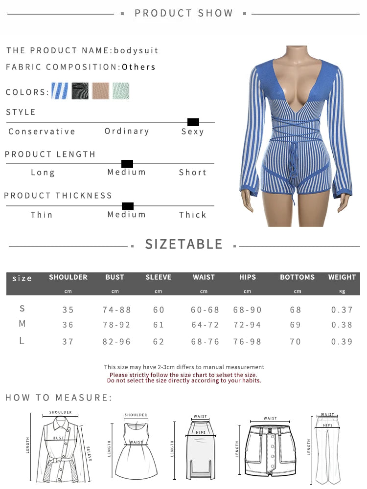 Aiertu  -  Low-Neck Crochet Bandage Playsuits Women Contrast Striped Patchwork Long Sleeve Autumn Fit Trend Vacation Skinny Romper Aiertu