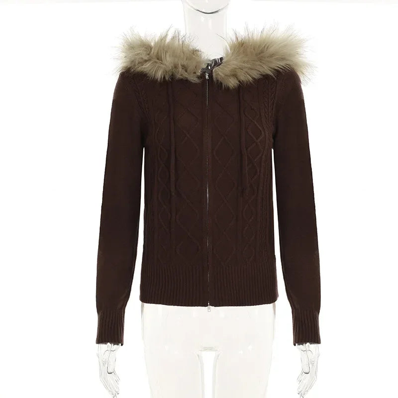 Aiertu  -  Vintage American High Street Zip Up Knitted Cardigan Sweaters Simple French All Match Lazy Women Jumpers Y2k Aesthetic Clothes Aiertu