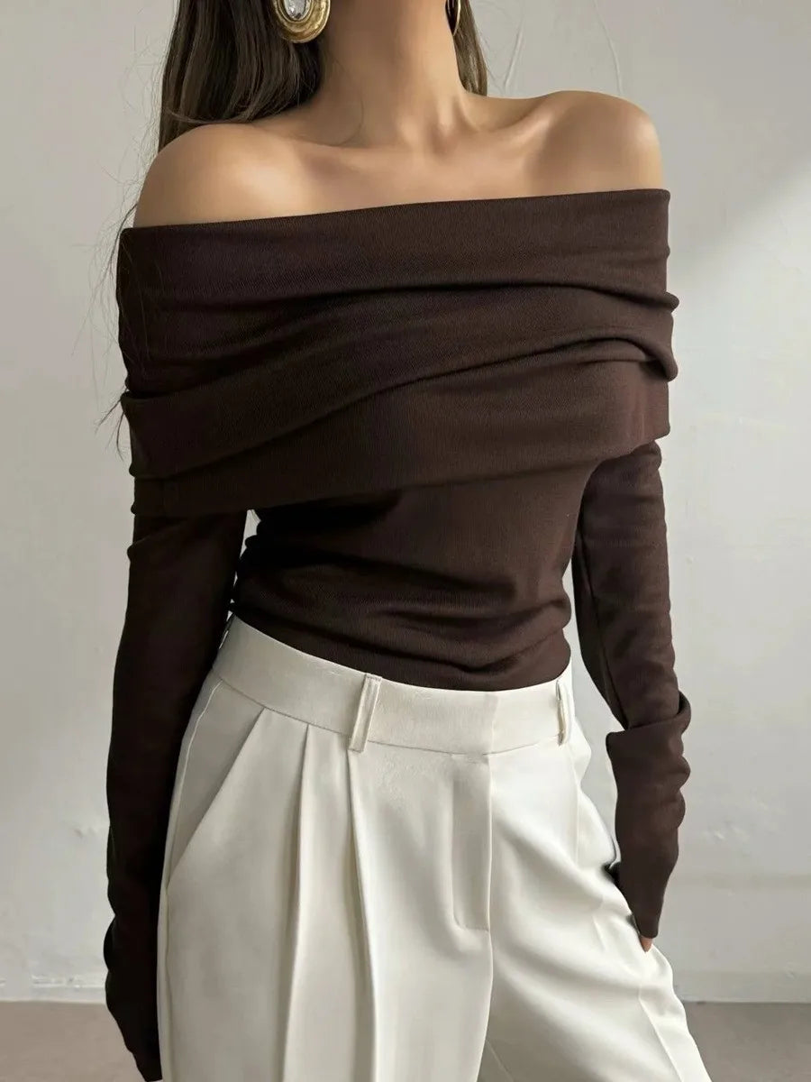 Aiertu  -  Women's Pullover Long Sleeved Knitted Base Shirt Autumn Winter Office Lady Sweater One Shoulder Sexy Slim Fit Off Shoulder Top Aiertu