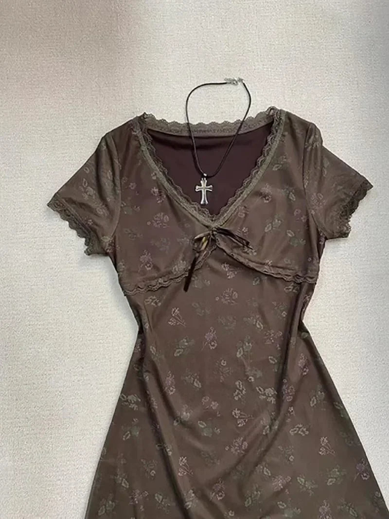 Aiertu  -  American Vintage Fairt Patchwork Lace V Neck Women Clothing High Street Flower Print Harajuku Dress Spliced Short Dresses Aiertu
