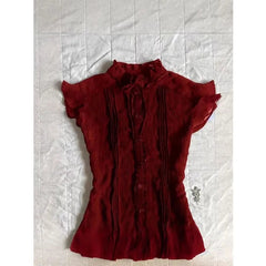 Aiertu  -  Vintage Shirts Women Harajuku Aesthetic Ruffles Lace Up Blouses Summer Ladies Korean Stand Flying Short Sleeve Design Tops Aiertu