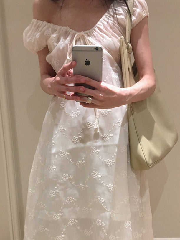 Aiertu  Ele Embroidered A-Line Dr Women's Summer Chic Bow-Tied Long Gown Gentle Sle Korean High Waist ort Sve V-Ne Aiertu