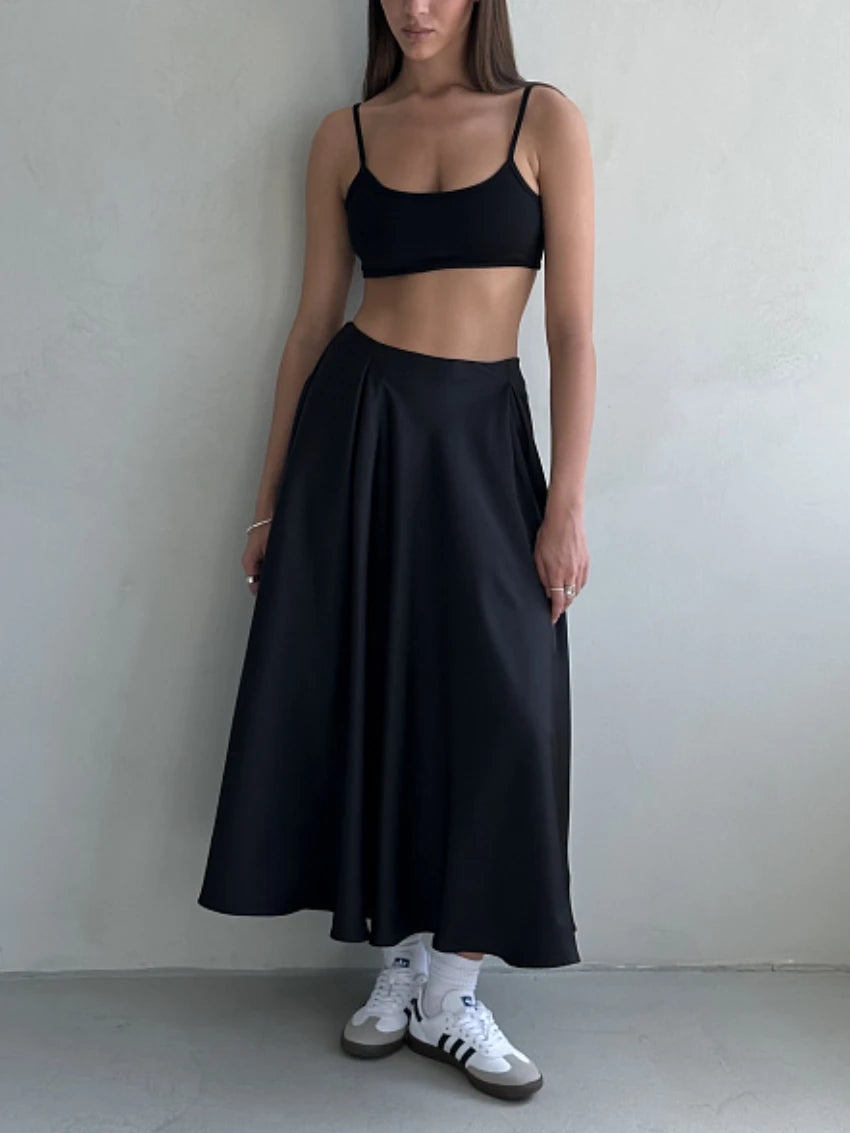 Aiertu  -   Elegant Satin Loose Women Skirt High Waist Maxi Skirts Streetwear Classic Long Skirt Fashion Female Black Skirt Aiertu