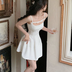 Aiertu  French Elegant Black Midi Dress Women Casual Evening Party Strap Dress Female Pure Color White One Piece Dress Korea Summer Aiertu