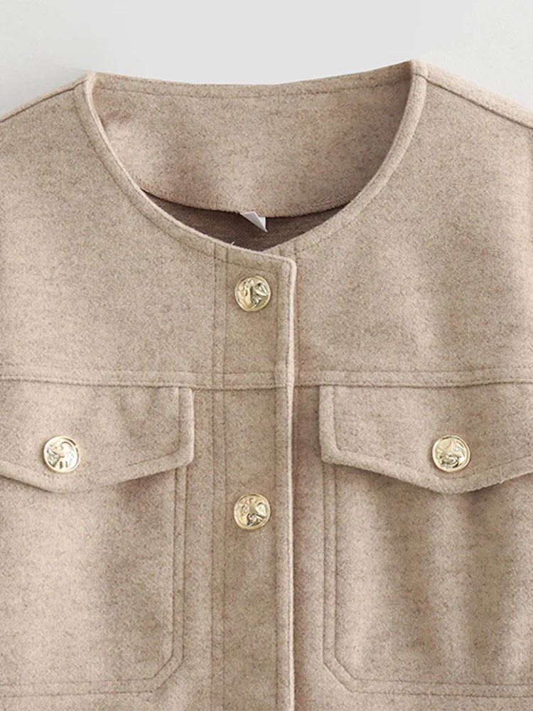 Aiertu  -  Elegant Single-breasted Pocket Coat Women Fashion Tweed Long Sleeve O-neck Female Jacket 2026 Spring Office Lady Commuter Coats Aiertu