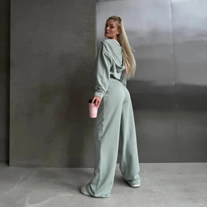 Aiertu  -  Casual Solid Hoodies Pants Set Women Long Sleeve Zipper Short Sweatshirt Loose Drawstring Trouser 2026 Autumn New Lady Tracksuit Aiertu
