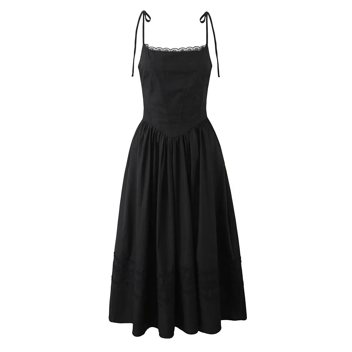 Aiertu  -  2025 Women Sexy Spaghetti Straps Black White Midi Long Dress Lace Trim Low Waist A-line Elegant Lady Dresses Summer Cotton Robe Aiertu