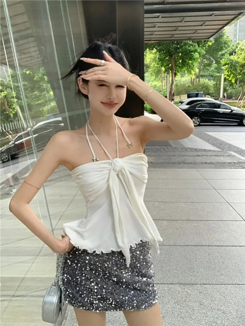 Aiertu  -  Sweet Hot Girl Sexy Knitted Halter Neck Top Women's Summer Slim Fit Backless Lace-up Strapless Vest Top Fashion Female Clothes Aiertu