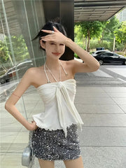 Aiertu  -  Sweet Hot Girl Sexy Knitted Halter Neck Top Women's Summer Slim Fit Backless Lace-up Strapless Vest Top Fashion Female Clothes Aiertu