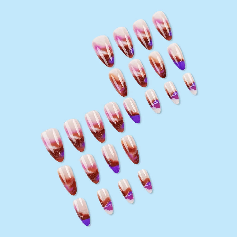 Aiertu  -  24PCS Glitter Almond False Nail Tips with Nebula Blurred French Press on Nail Full Cover Acrylic Wearable Simple Fake Nail Patch Aiertu
