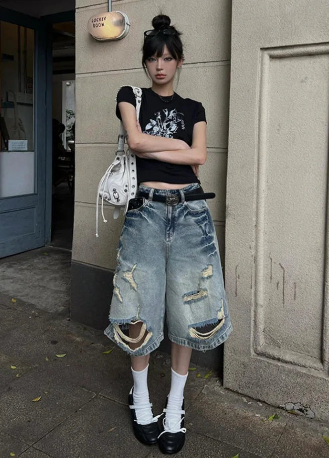 Aiertu  -  American high street design sense worn hole straight five-point jeans women's y2k new hiphop hip hop pants tide Aiertu