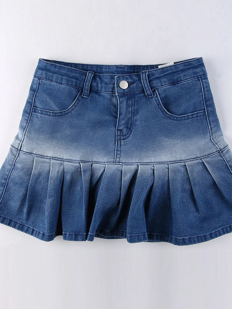 Aiertu  -  Fashion Denim Pleated Skirt Women High Waist Button Zipper Pocket Ruffle A-line Mini Skirts Female 2025 Spring Summer Lady Skirt Aiertu